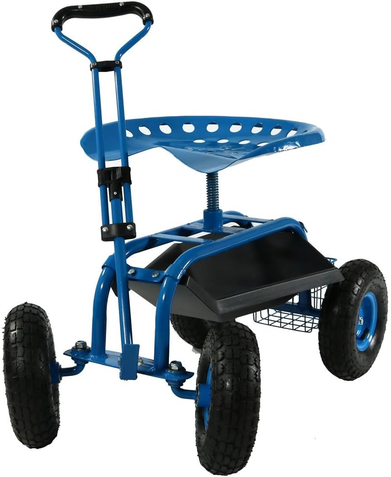 Blue Garden Cart with Swivel Seat and Utility Basket R996