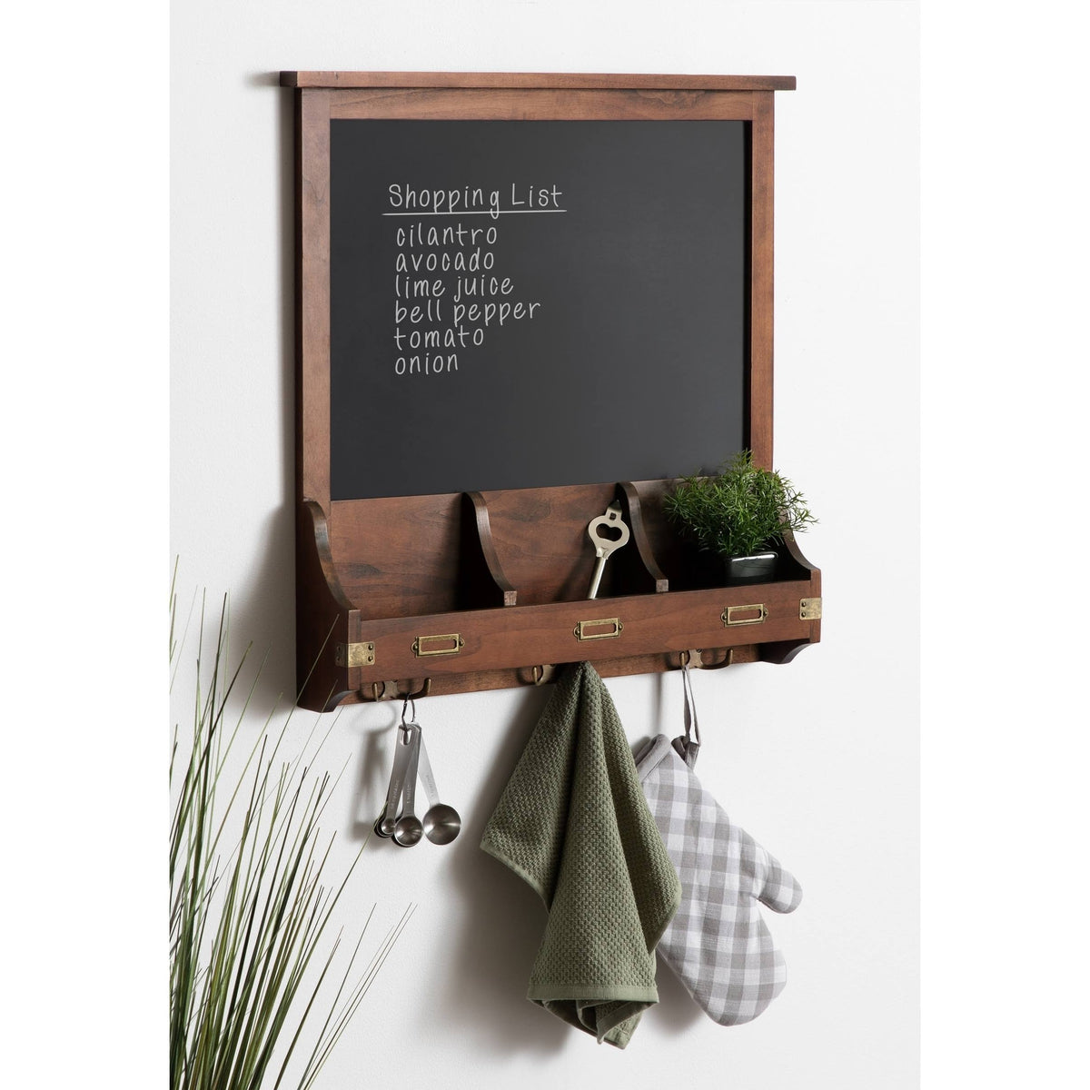 Decorative Rustic Wood Home Organizer with Chalkboard, Pockets, and Key Hooks I1773