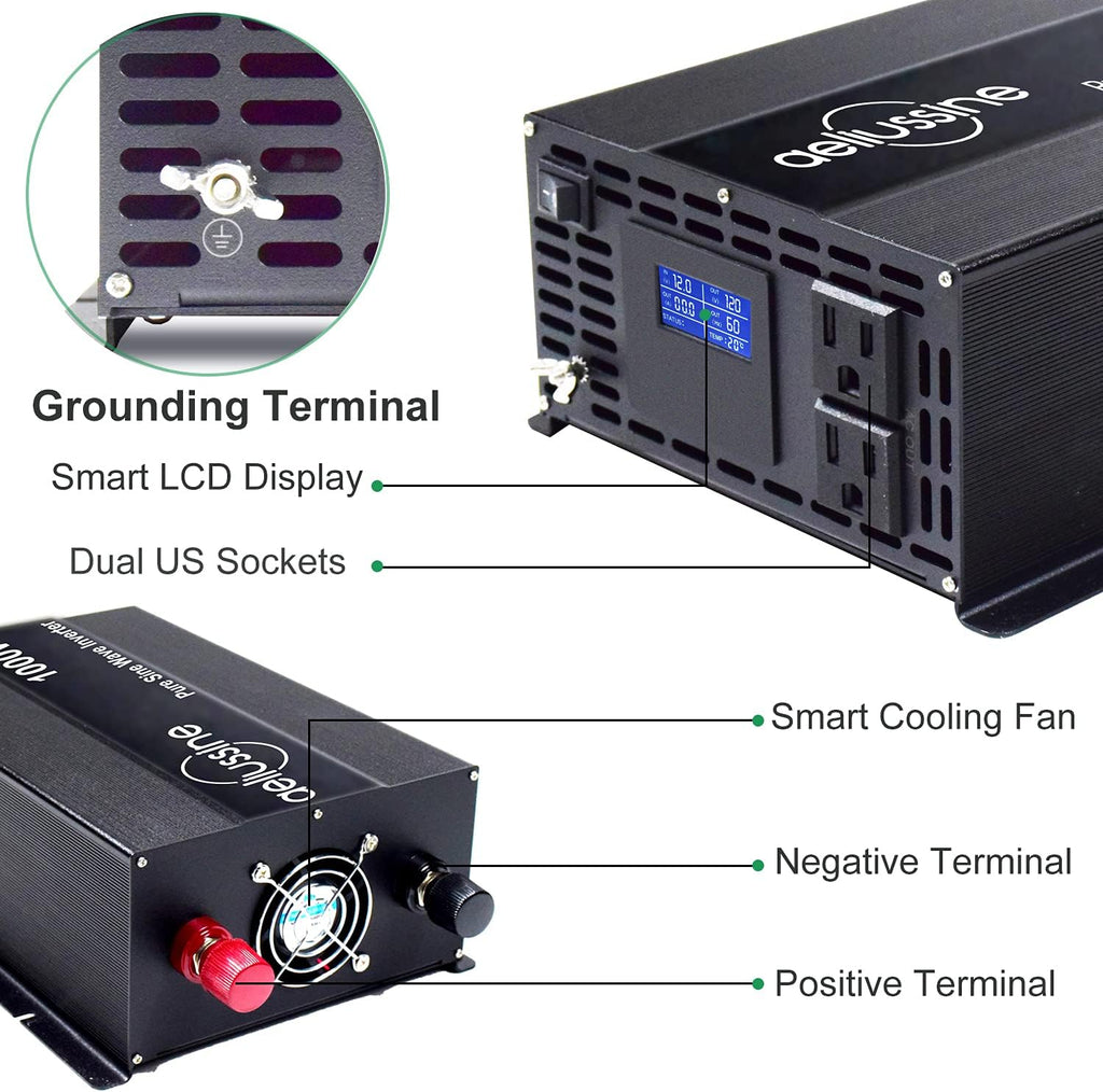 500 Watt Pure Sine Wave Inverter 12v to 110v 120v with 2 US Socket J92020