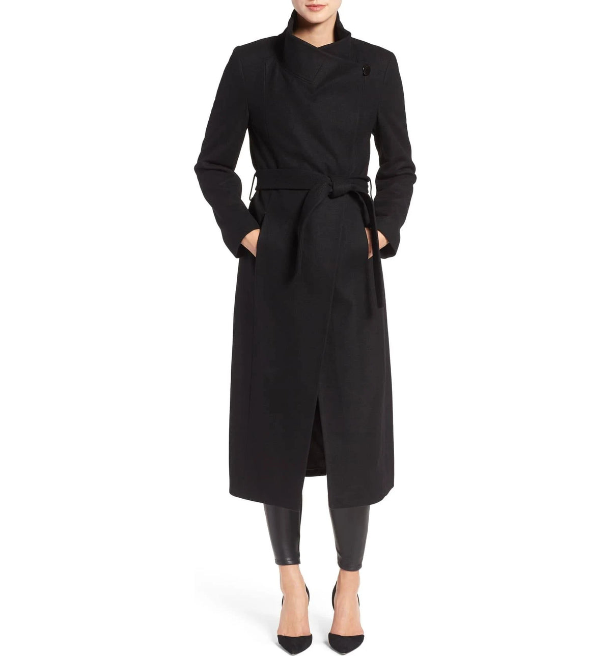Black Asymmetrical Belted Maxi Coat C93445