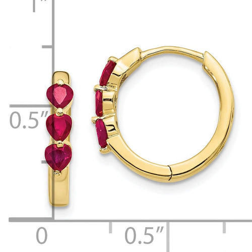 10K Yellow Gold Created Ruby Hinged Hoop Earrings U806618