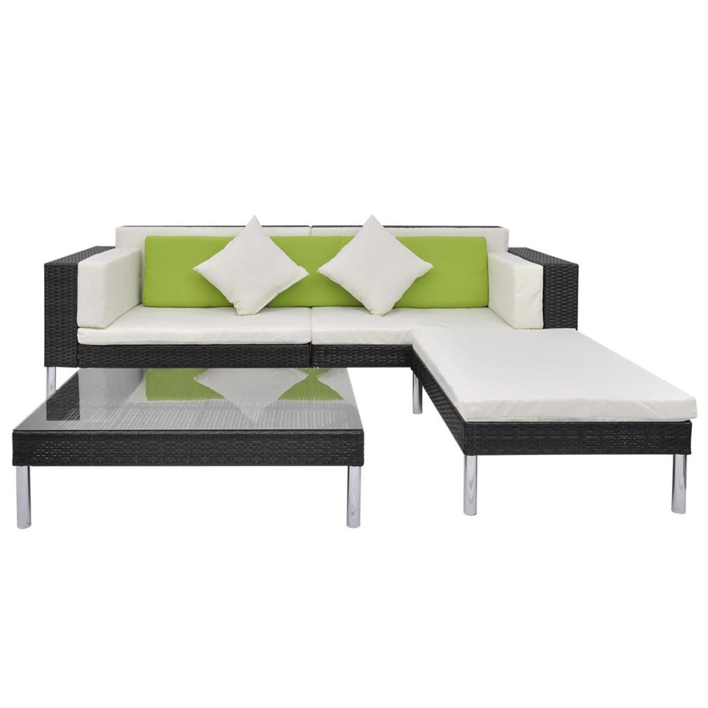 4 Piece Outdoor Conversation Set Cushioned Corner Sofa with Ottoman and Coffee Table Sectional Sofa Set Black Poly Rattan L566186