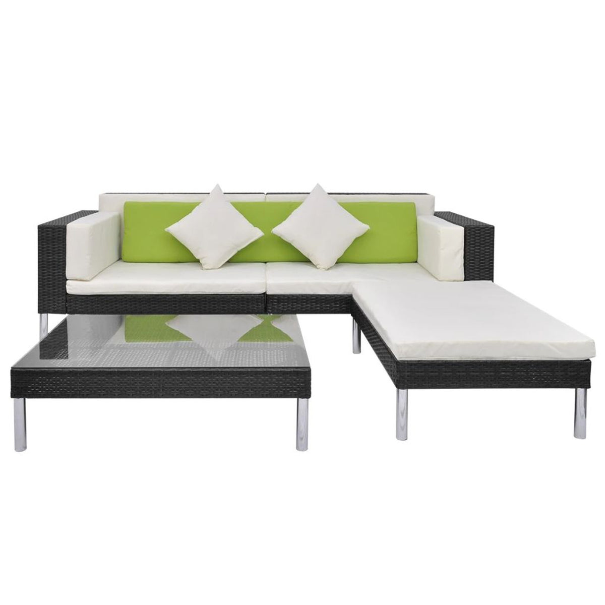 4 Piece Outdoor Conversation Set Cushioned Corner Sofa with Ottoman and Coffee Table Sectional Sofa Set Black Poly Rattan L566186