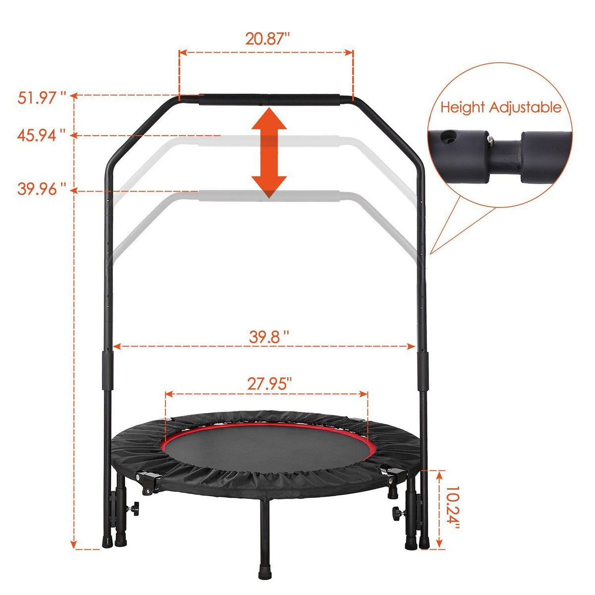 Foldable Fitness Trampoline with 3-Level Adjustable Foam Handrail B30173