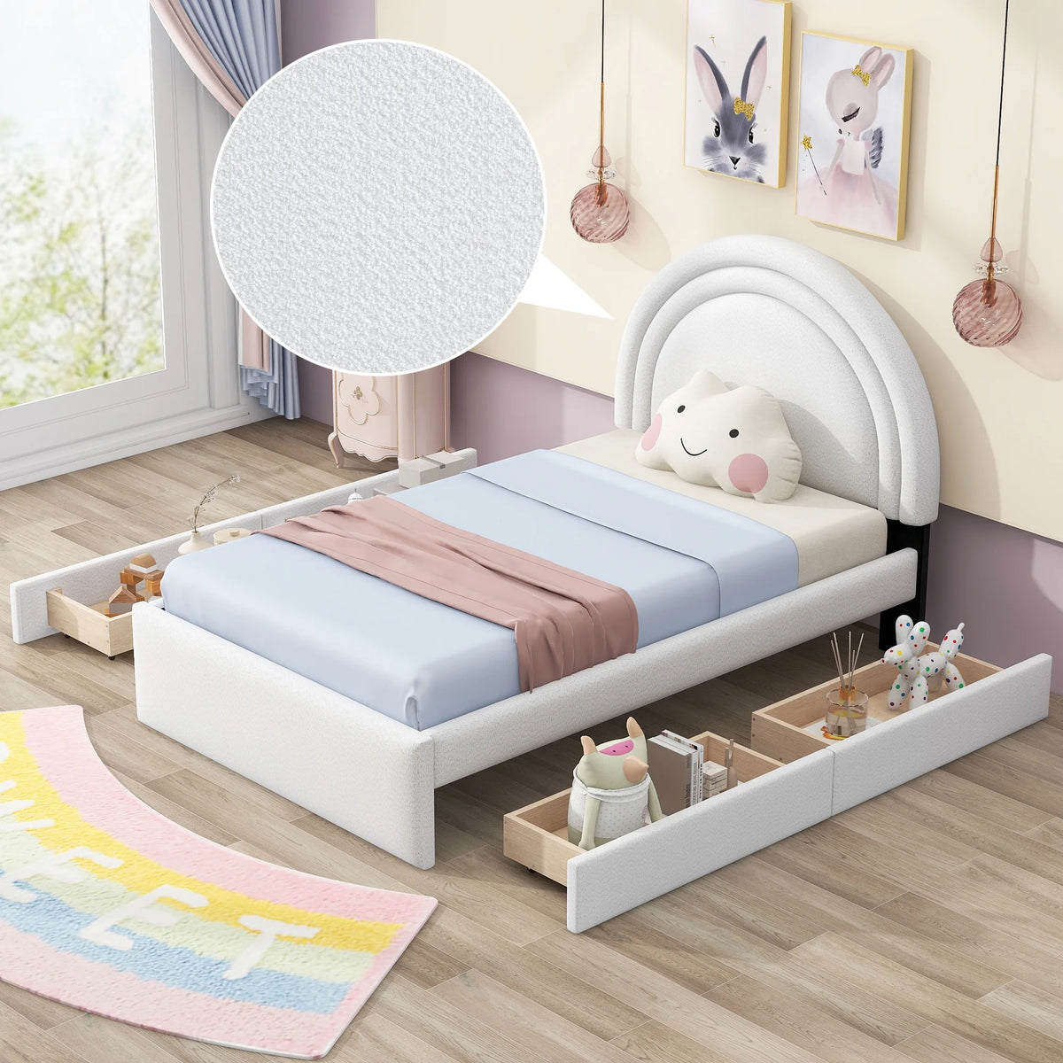 White Twin Upholstered Platform Bed with Four Drawers Q41104