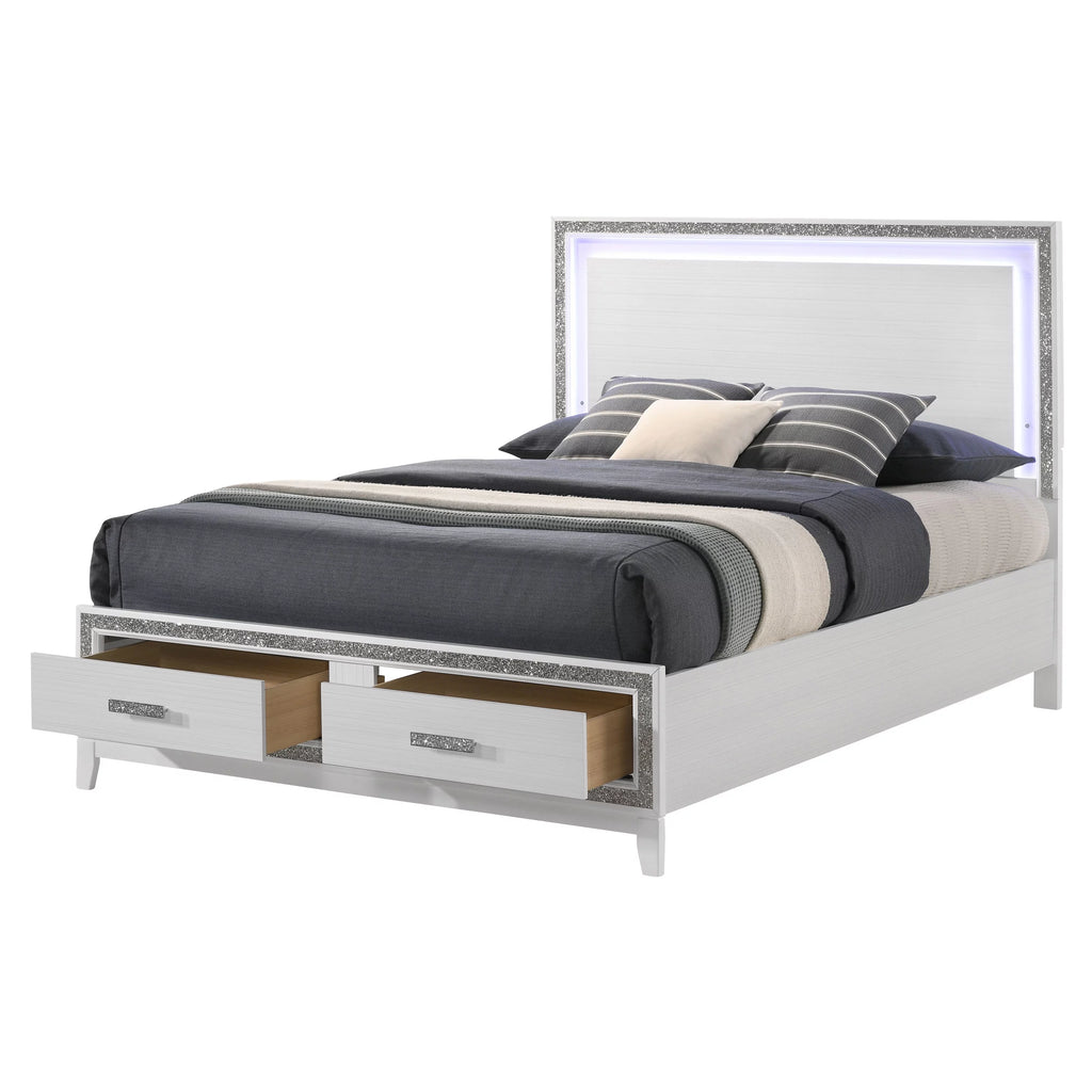White 2 Drawer Wooden Queen Bed with LED Headboard X1115