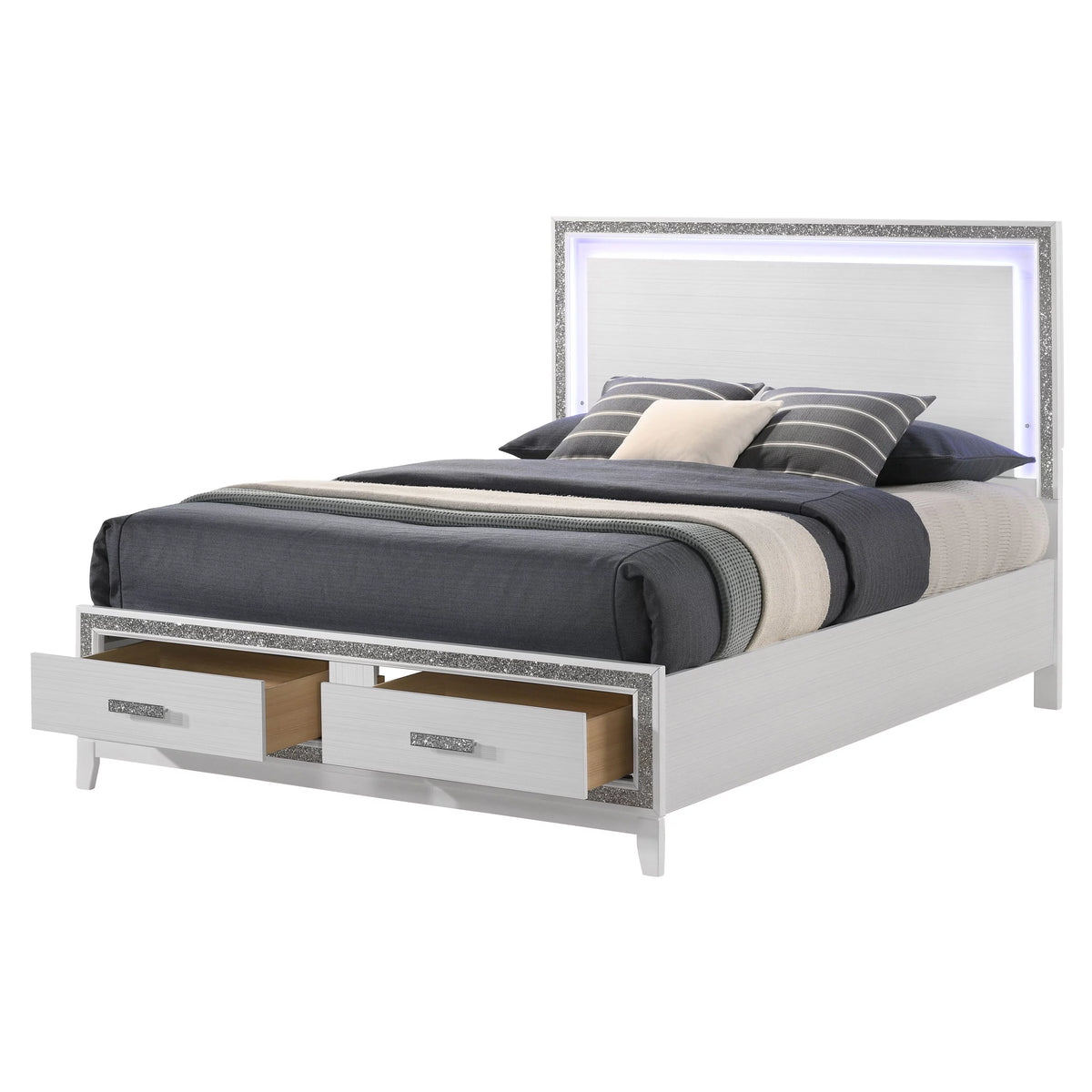 White 2 Drawer Wooden Queen Bed with LED Headboard X1115