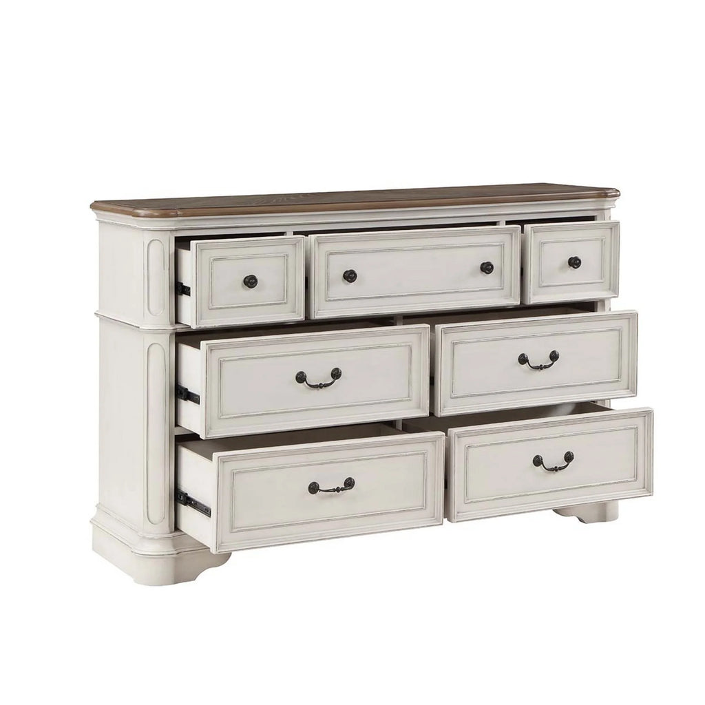 Antique White & Brown Wood Dresser with 7 Drawers Q17684