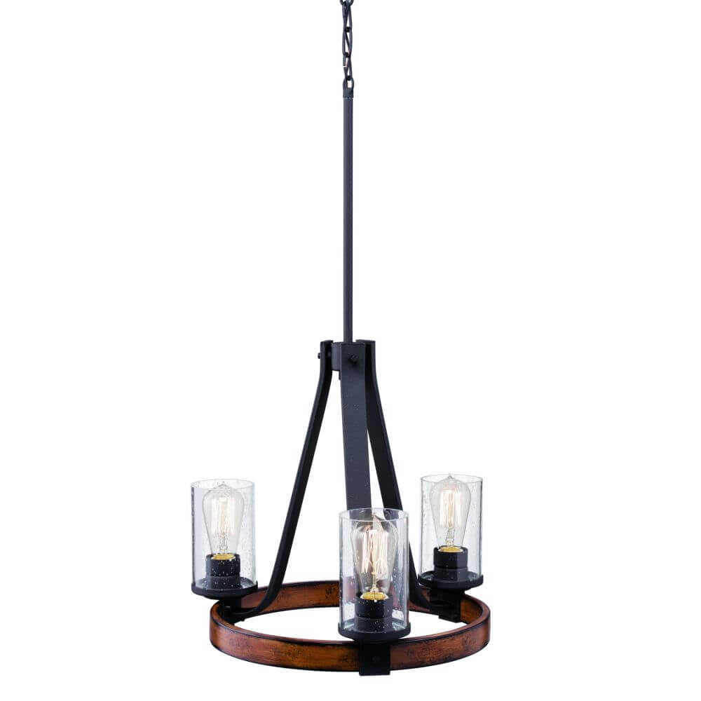 3 Light Distressed Black Faux Wood Chandelier with Clear Seedy Glass S661