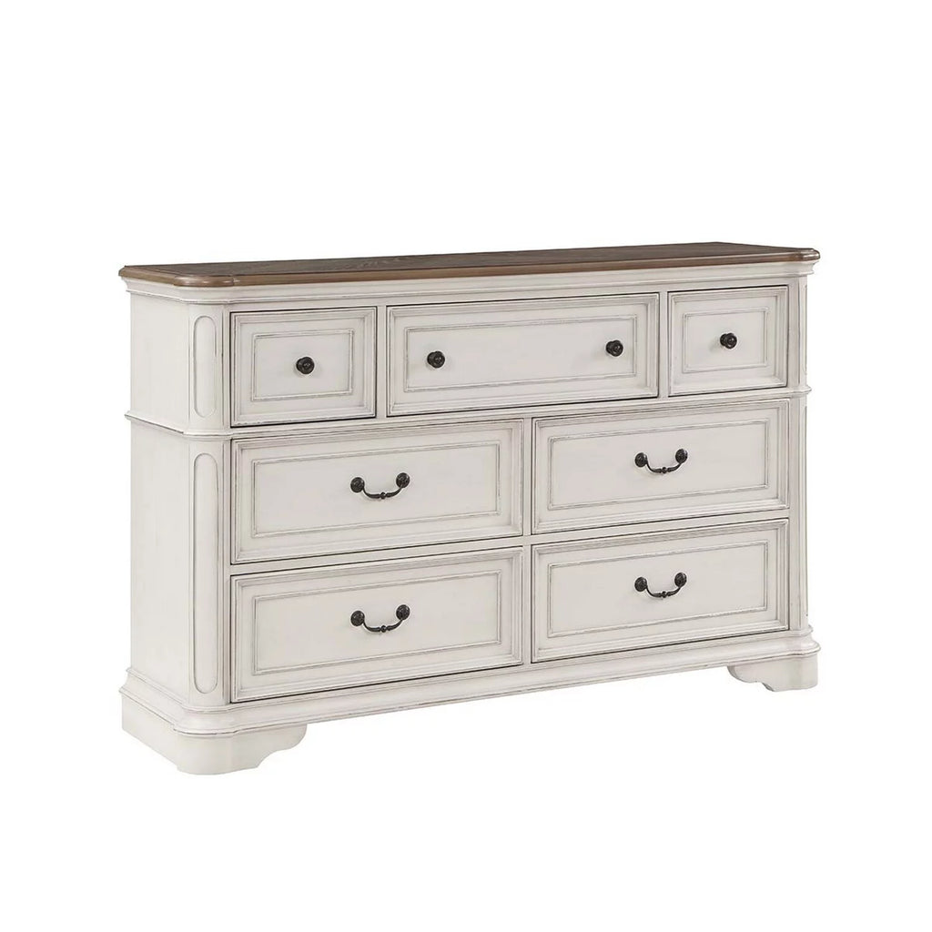 Antique White & Brown Wood Dresser with 7 Drawers Q17684