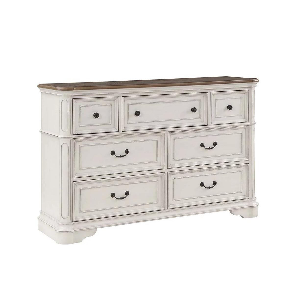 Antique White & Brown Wood Dresser with 7 Drawers Q17684