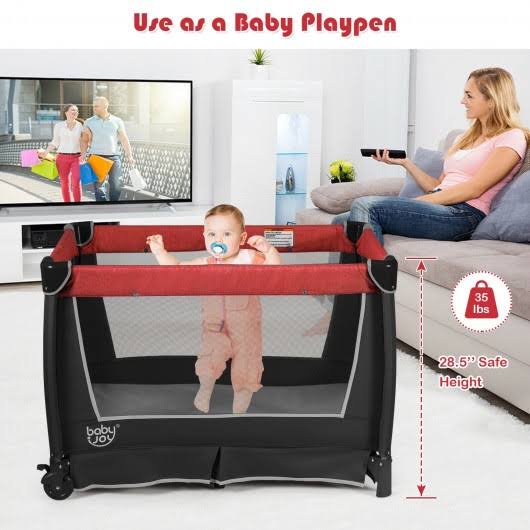 Red 4-in-1 Convertible Portable Baby Play Yard with Toys and Music Player O45007