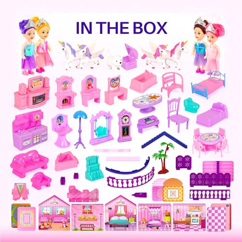 Pink and Purple Dollhouse with 4 Princesses, 4 Unicorns, Dog, Furniture and Accessories Y781005