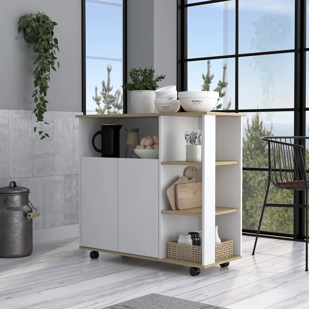 Light Oak White Kitchen Island with Cabinet and Shelves G95735