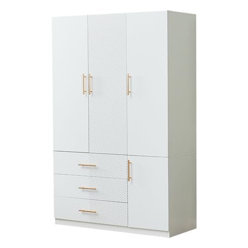 White 4 Doors 3 Drawers Wooden Closet Cabinet Wardrobe Armoire Z53826