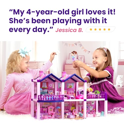 Pink and Purple Dollhouse with 4 Princesses, 4 Unicorns, Dog, Furniture and Accessories Y781005