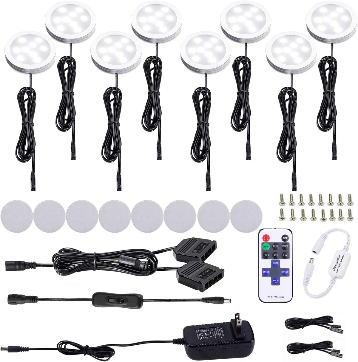 Black Cord Aluminum Puck Lights 8 Pack Dimmable with RF Wireless Remote Control K62520