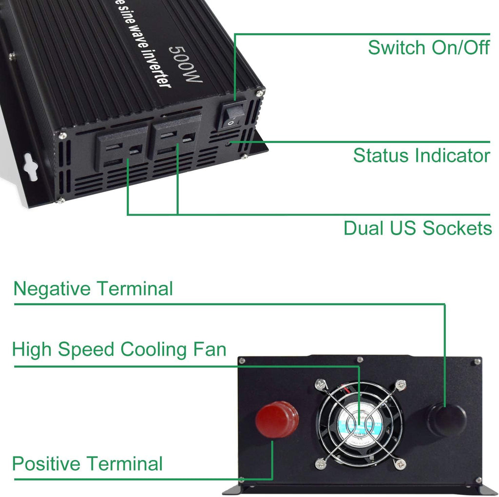 500 Watt Pure Sine Wave Inverter 12v to 110v 120v with 2 US Socket J92020