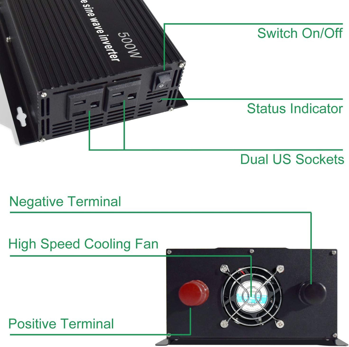 500 Watt Pure Sine Wave Inverter 12v to 110v 120v with 2 US Socket J92020