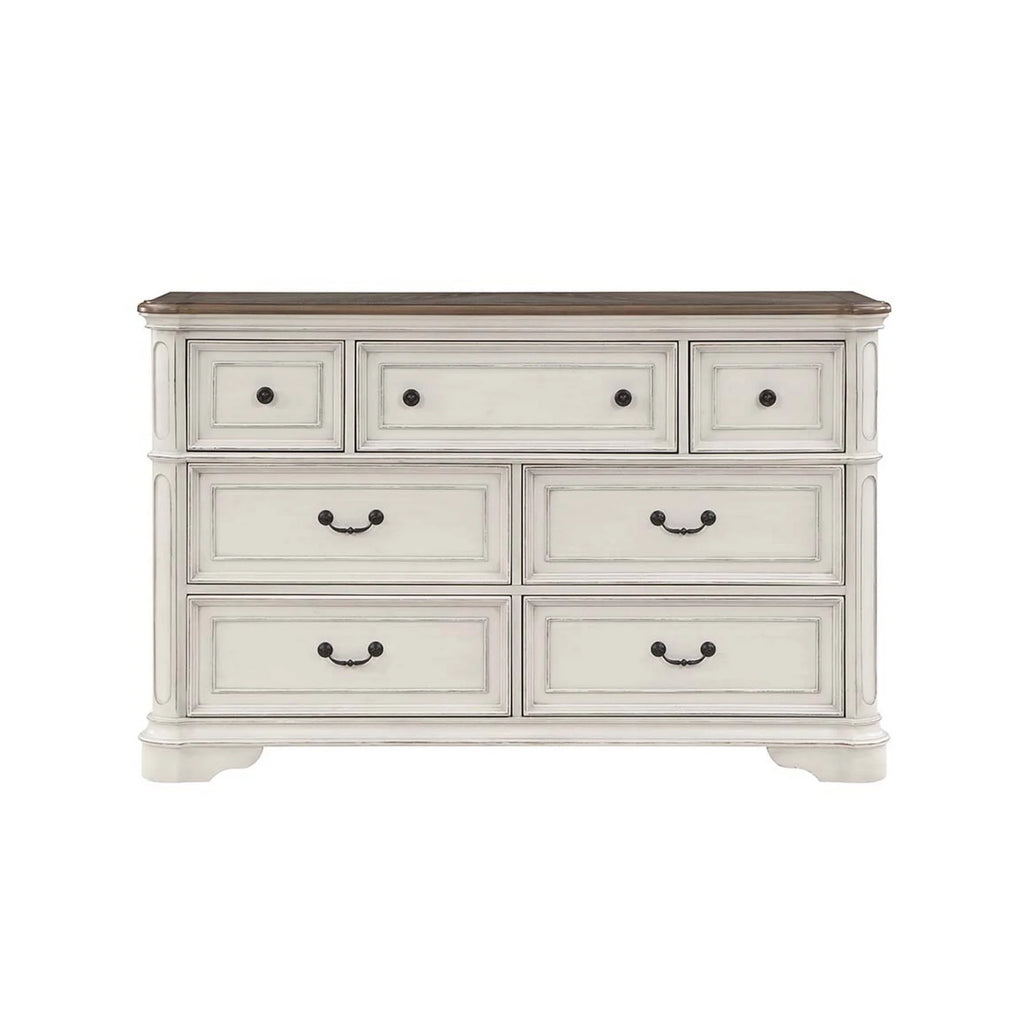 Antique White & Brown Wood Dresser with 7 Drawers Q17684