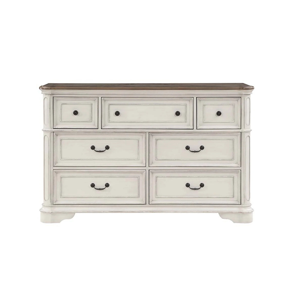 Antique White & Brown Wood Dresser with 7 Drawers Q17684