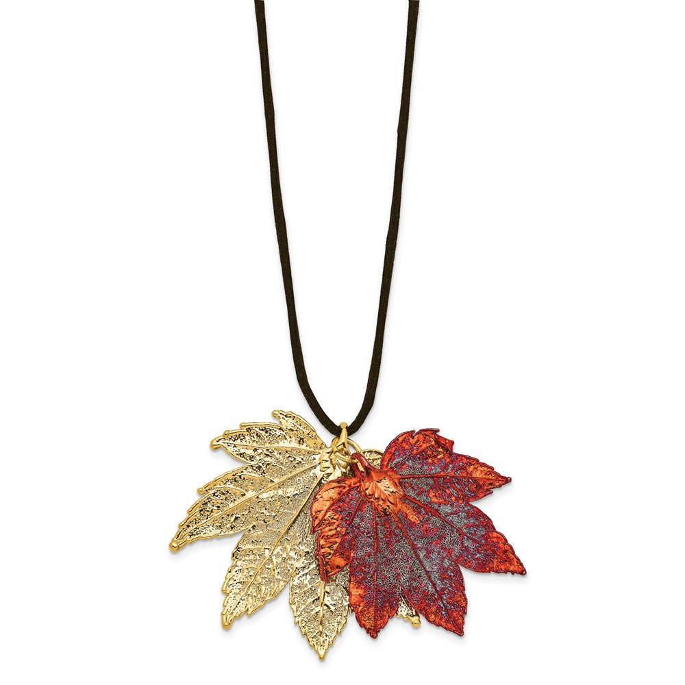 24k Gold Maple Leaves Leather Cord Necklace W751