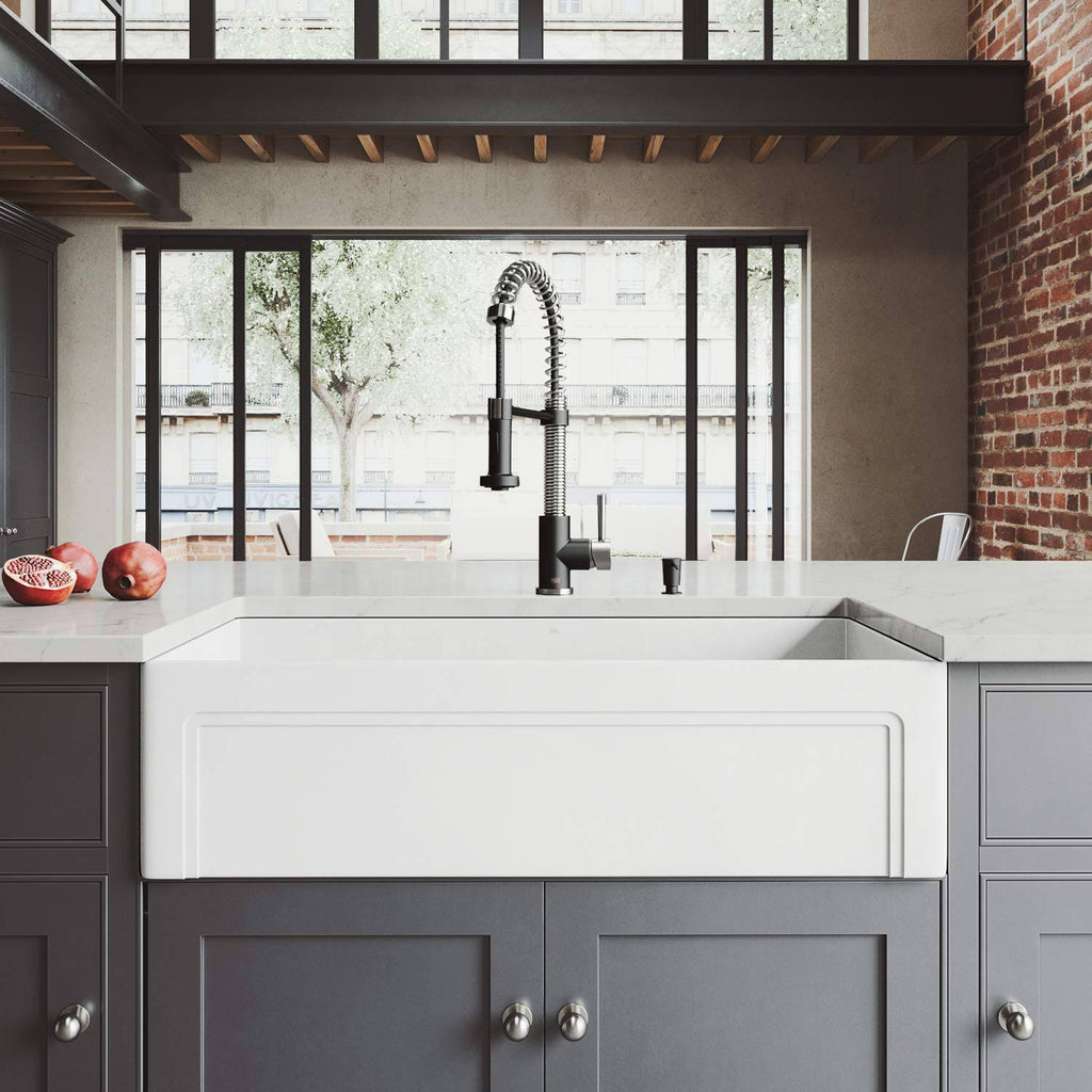 36 in. Matte Stone Farmhouse Kitchen Sink Set with Matte Black Faucet U17090