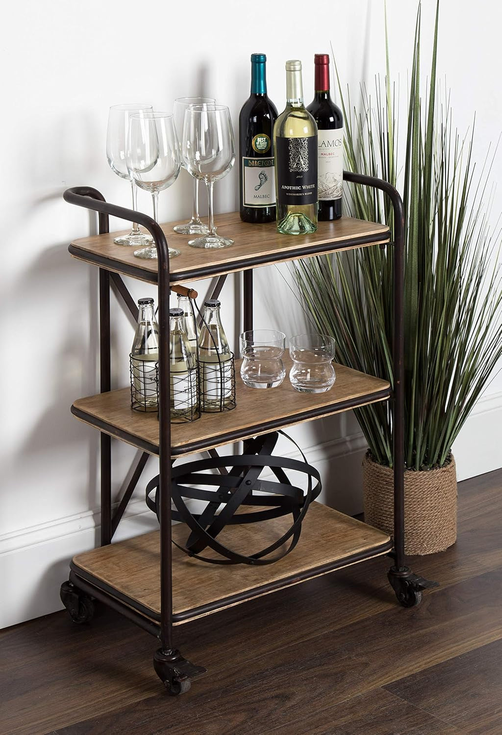 Wood and Metal 3 Tiered Rolling Bar Cart S791313