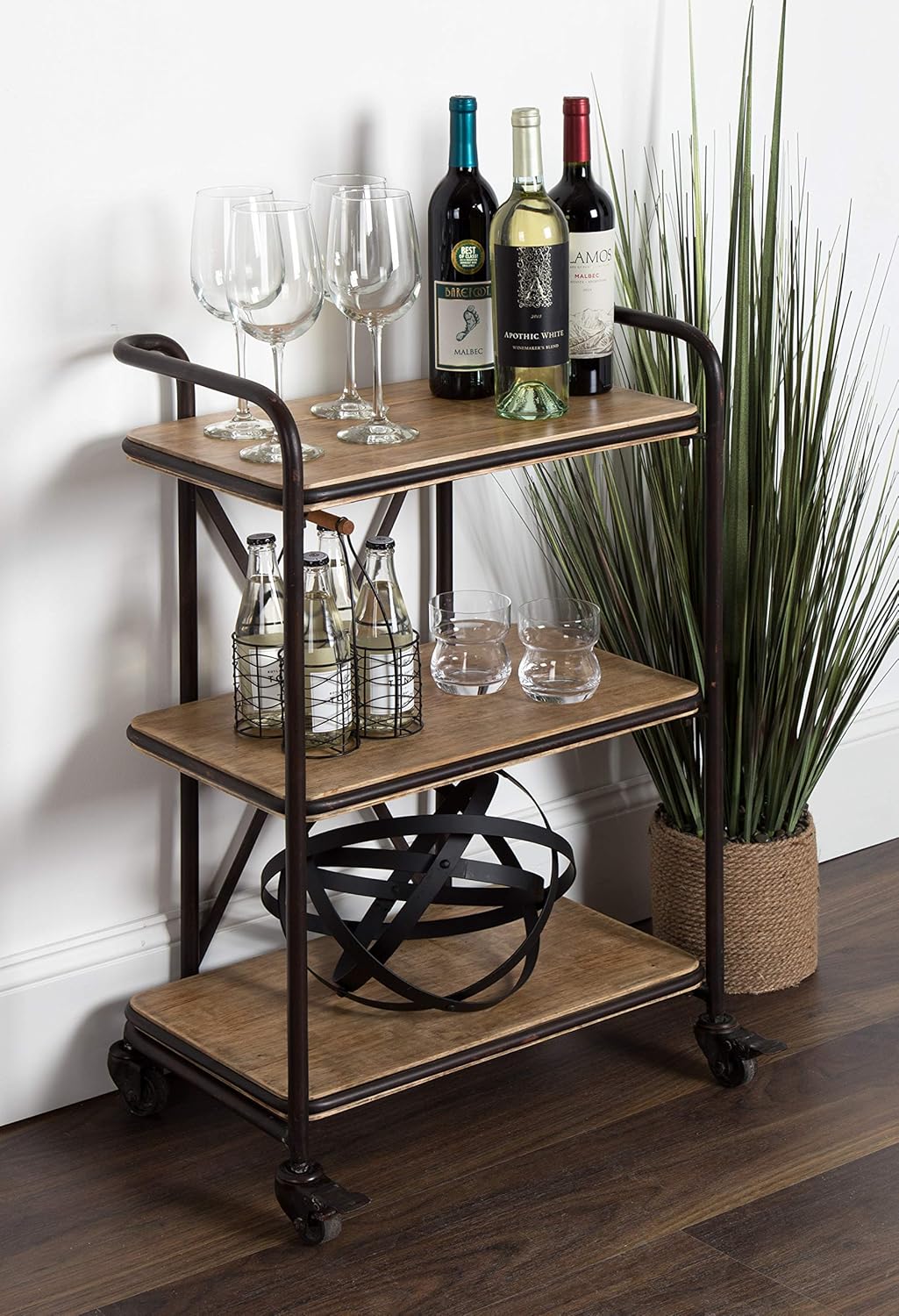 Wood and Metal 3 Tiered Rolling Bar Cart S791313