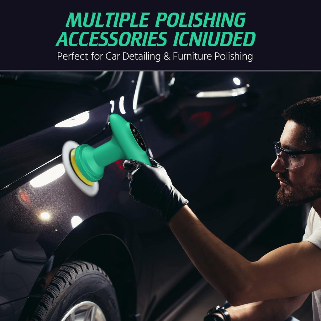 Cordless Car Polisher, 4 inch 2500-6000 RPM Micro Car Buffer Polisher with Touchscreen, 6 Speeds Orbital Buffer with Paste Wax & Pads K9629