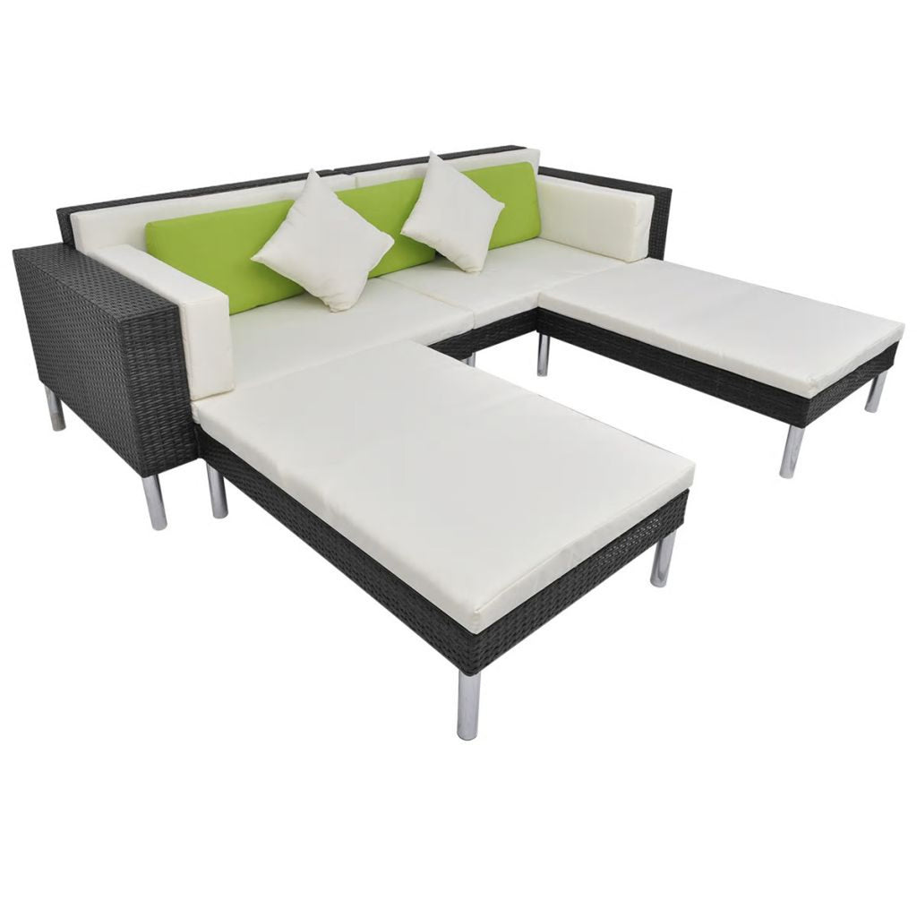 4 Piece Outdoor Conversation Set Cushioned Corner Sofa with Ottoman and Coffee Table Sectional Sofa Set Black Poly Rattan L566186