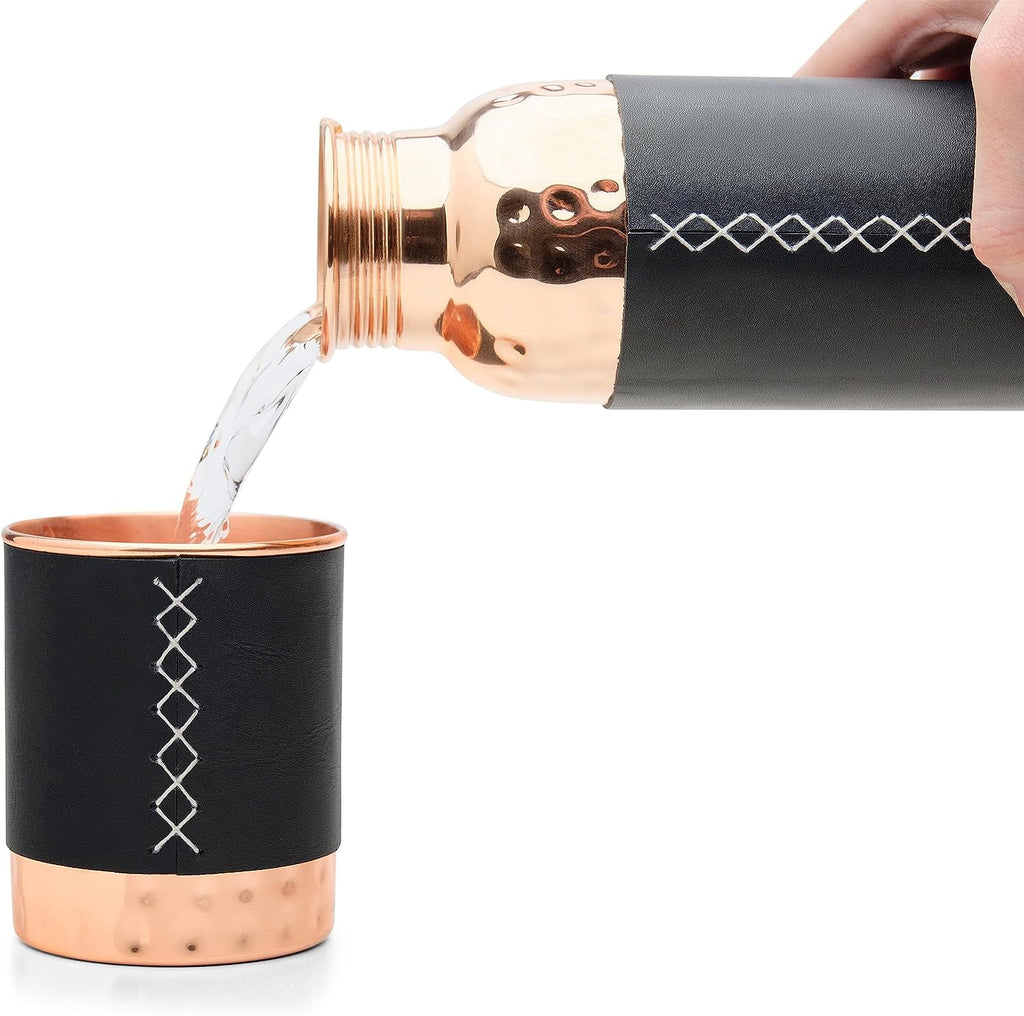 Copper Water Bottle with Copper Tumbler and Leather Sleeves U32416