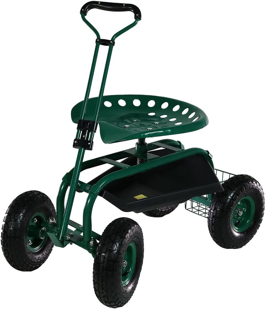 Blue Garden Cart with Swivel Seat and Utility Basket R996