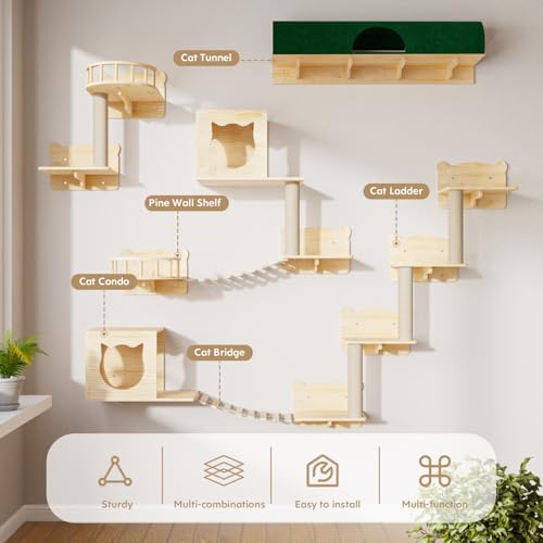 16 Pcs Pine Wooden Cat Wall Shelves with House I32275
