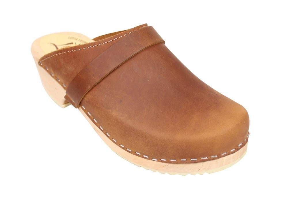 Brown Oiled Nubuck Leather Swedish Clogs W23526