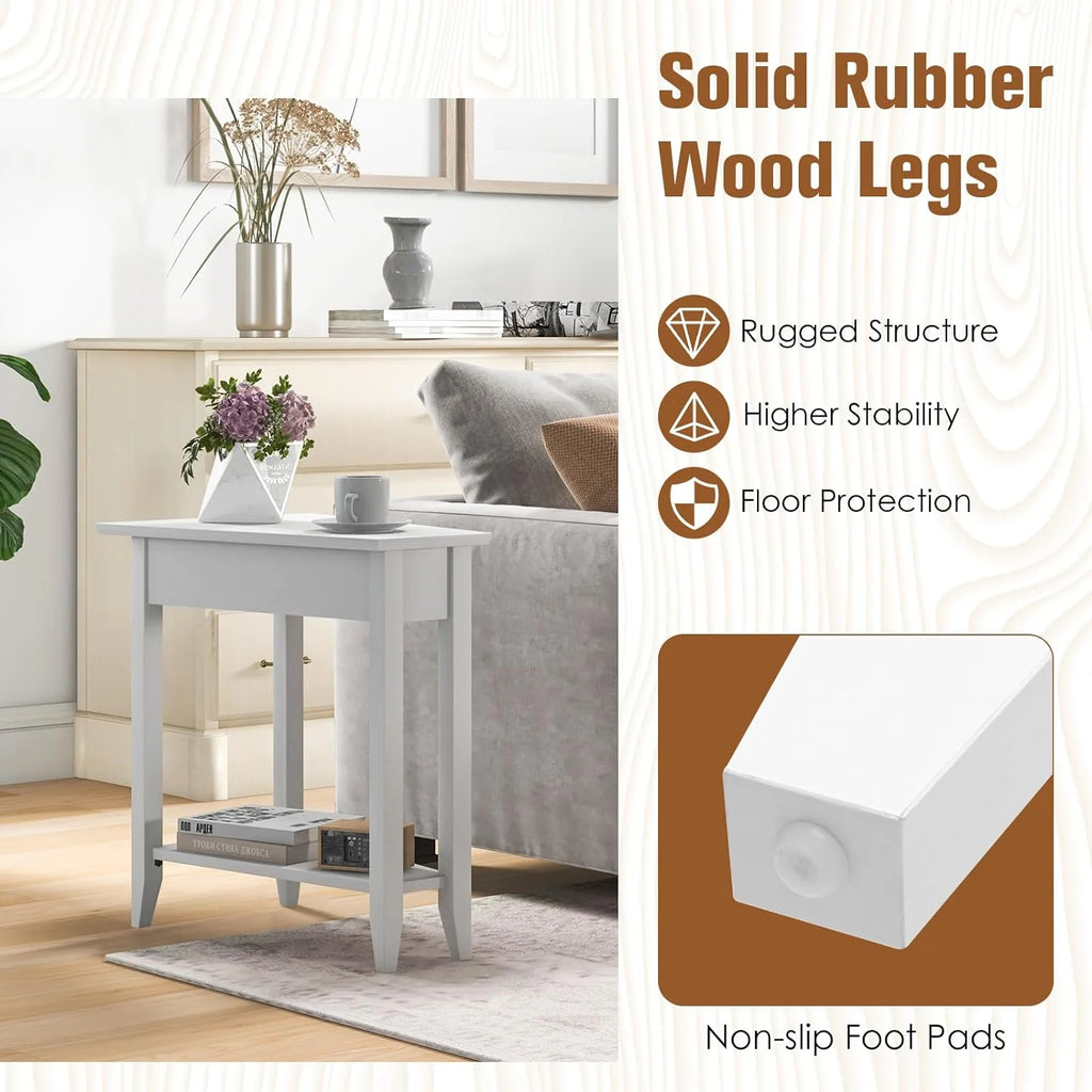 White Triangle Side Table with Storage Shelf and Solid Wood Legs V301