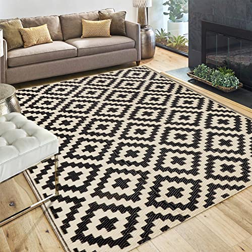 Waterproof Reversible Outdoor Rug 5x8 ft Black & Beige N29412