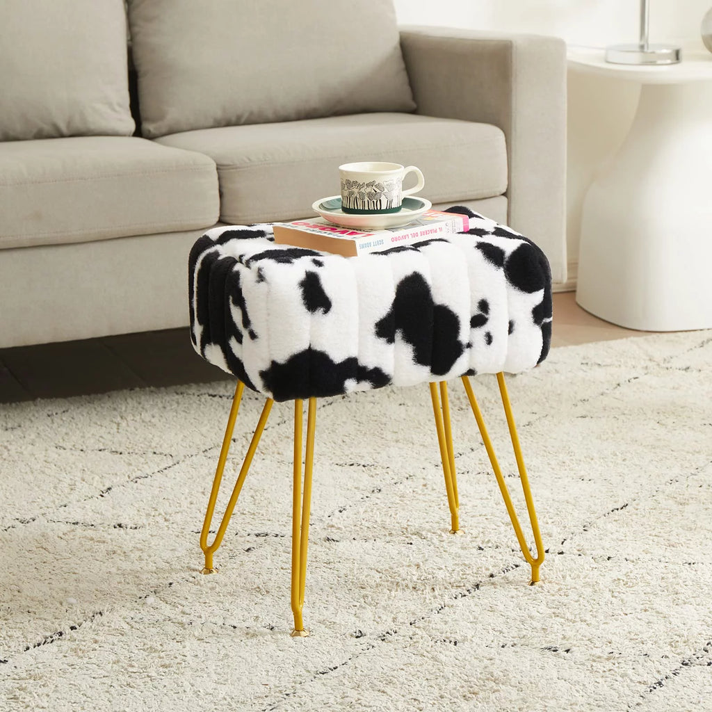 Faux Fur Vanity Stool with Golden Metal Legs B7023