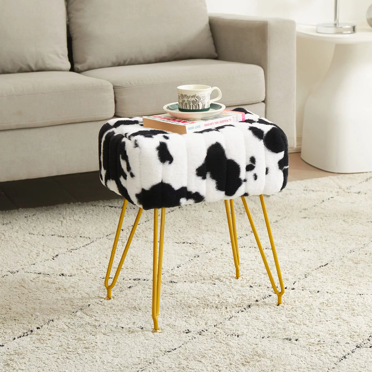 Faux Fur Vanity Stool with Golden Metal Legs B7023