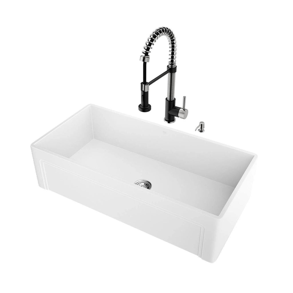 36 in. Matte Stone Farmhouse Kitchen Sink Set with Matte Black Faucet U17090