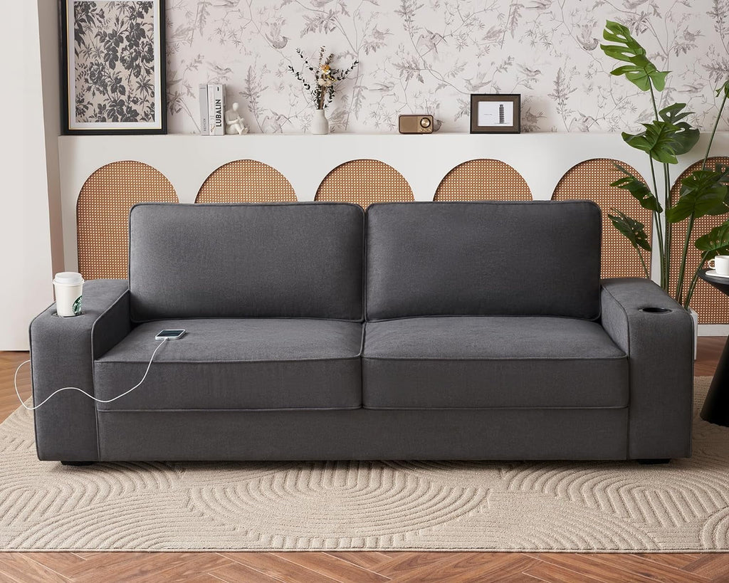 Grey Chenille Sofa with USB Charging Ports & Cup Holders K315