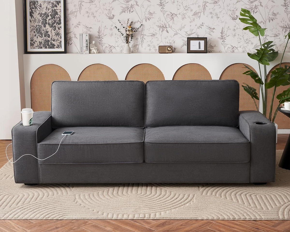 Grey Chenille Sofa with USB Charging Ports & Cup Holders K315