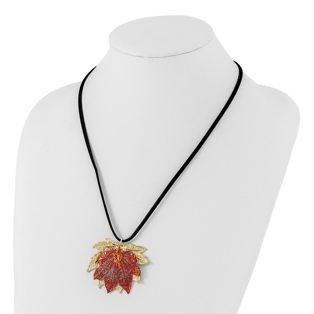24k Gold Maple Leaves Leather Cord Necklace W751