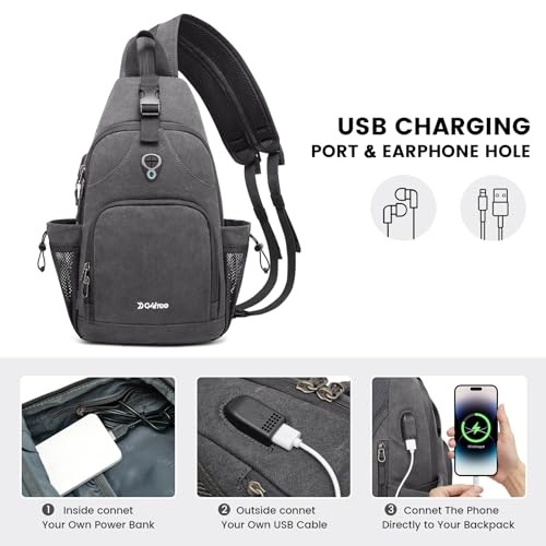 Canvas Sling Bag Crossbody Backpack with USB Charging Port (Dark Grey) U773