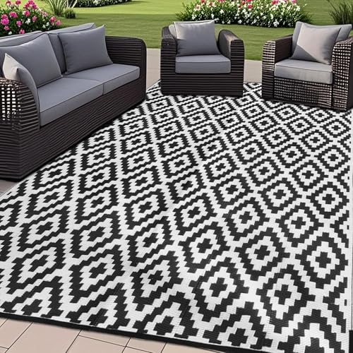 Waterproof Reversible Outdoor Rug 5x8 ft Black & Beige N29412