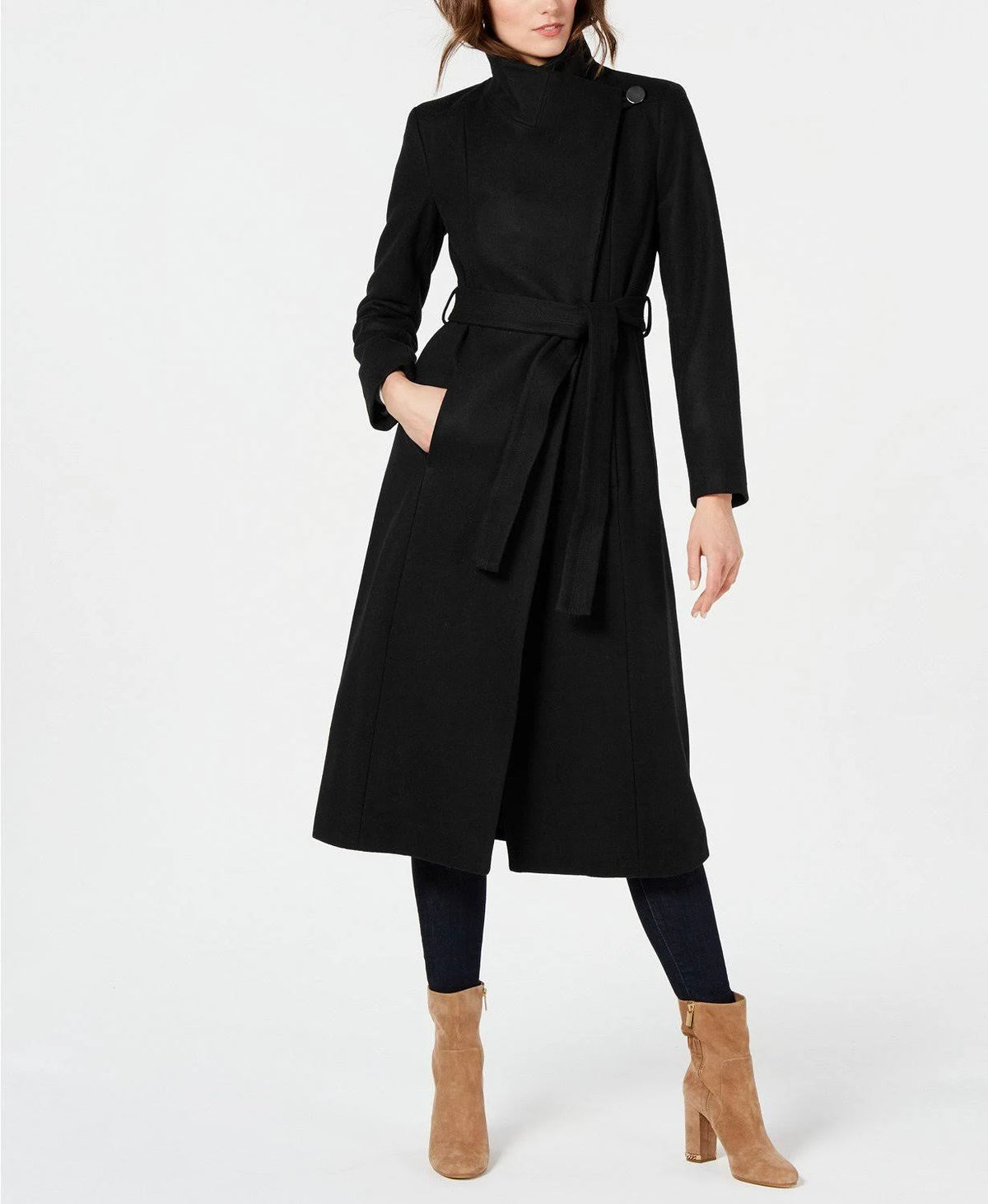 Black Asymmetrical Belted Maxi Coat C93445