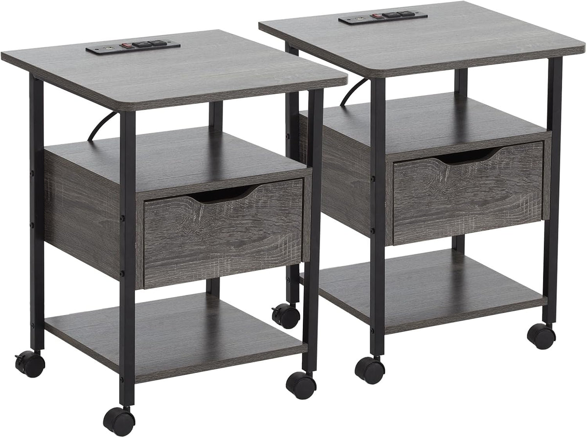 Grey Set of 2 Nightstand with Drawer and Charging Station Y151469
