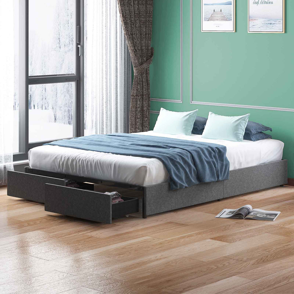 Queen Size Linen Fabric Upholstered Platform Bed with Storage Drawers T5565