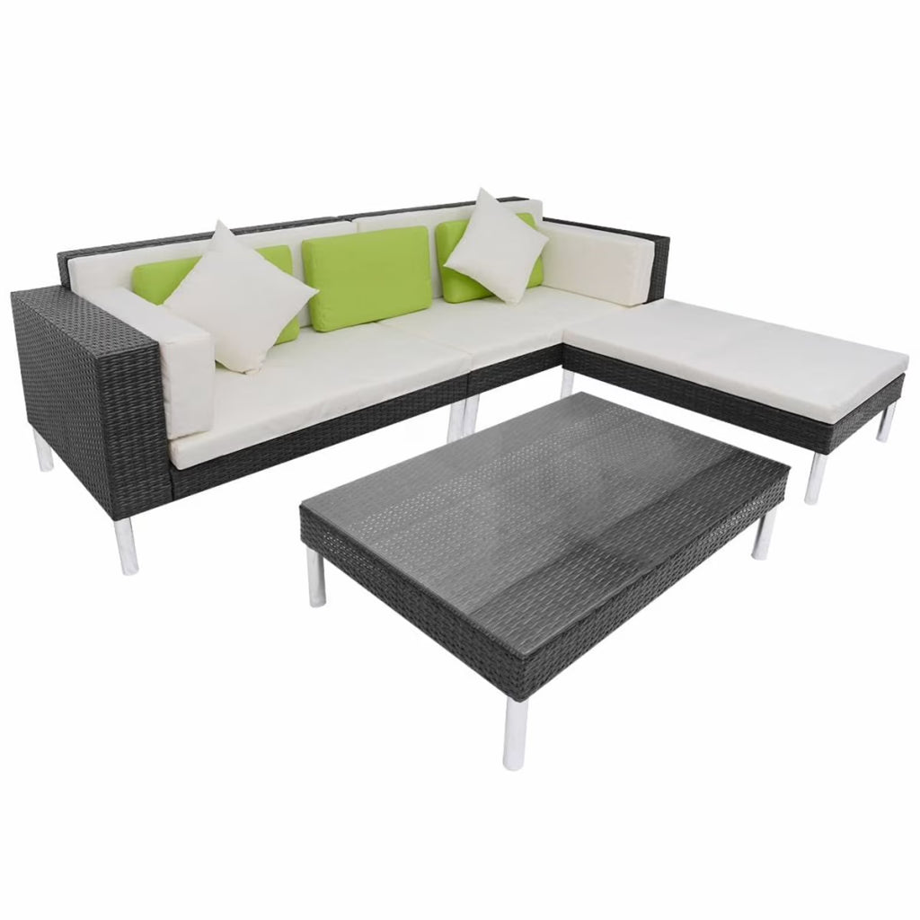 4 Piece Outdoor Conversation Set Cushioned Corner Sofa with Ottoman and Coffee Table Sectional Sofa Set Black Poly Rattan L566186