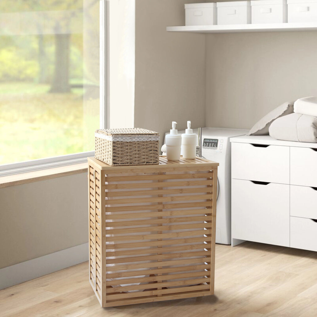 Foldable Bamboo Laundry Hamper with Lid and Liner Bag V74693
